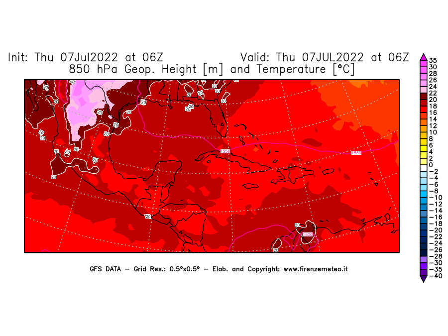 GFS analysi map - Geopotential [m] and Temperature [°C] at 850 hPa in Central America
									on 07/07/2022 06 <!--googleoff: index-->UTC<!--googleon: index-->