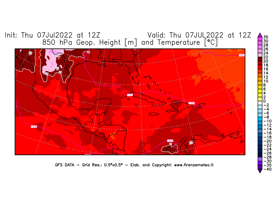 GFS analysi map - Geopotential [m] and Temperature [°C] at 850 hPa in Central America
									on 07/07/2022 12 <!--googleoff: index-->UTC<!--googleon: index-->