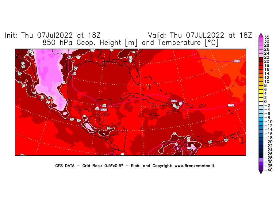 GFS analysi map - Geopotential [m] and Temperature [°C] at 850 hPa in Central America
									on 07/07/2022 18 <!--googleoff: index-->UTC<!--googleon: index-->