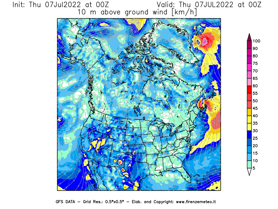 GFS analysi map - Wind Speed at 10 m above ground [km/h] in North America
									on 07/07/2022 00 <!--googleoff: index-->UTC<!--googleon: index-->
