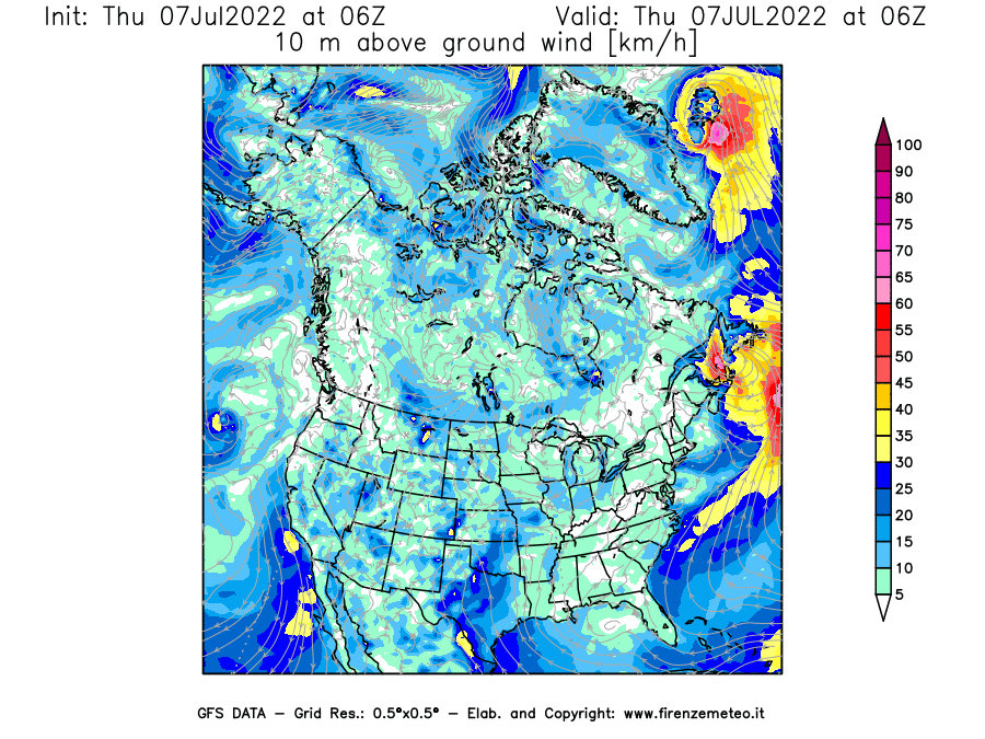 GFS analysi map - Wind Speed at 10 m above ground [km/h] in North America
									on 07/07/2022 06 <!--googleoff: index-->UTC<!--googleon: index-->