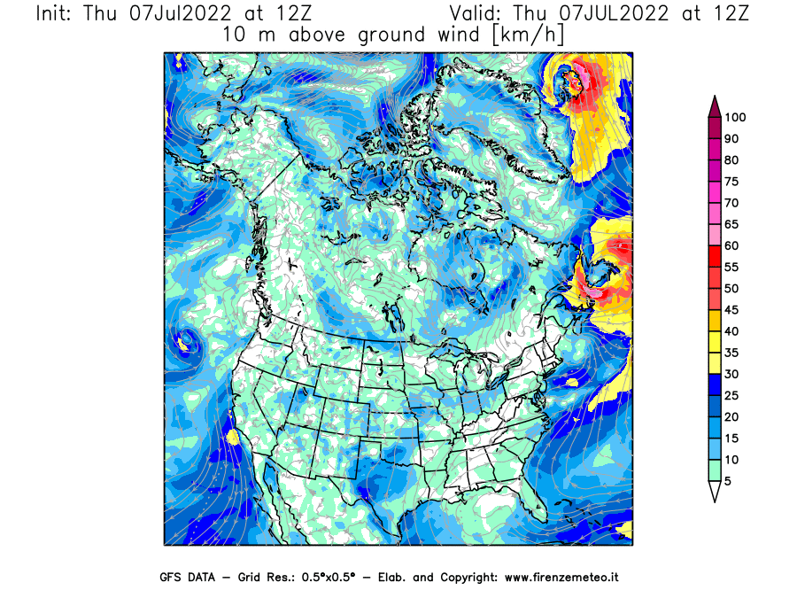 GFS analysi map - Wind Speed at 10 m above ground [km/h] in North America
									on 07/07/2022 12 <!--googleoff: index-->UTC<!--googleon: index-->