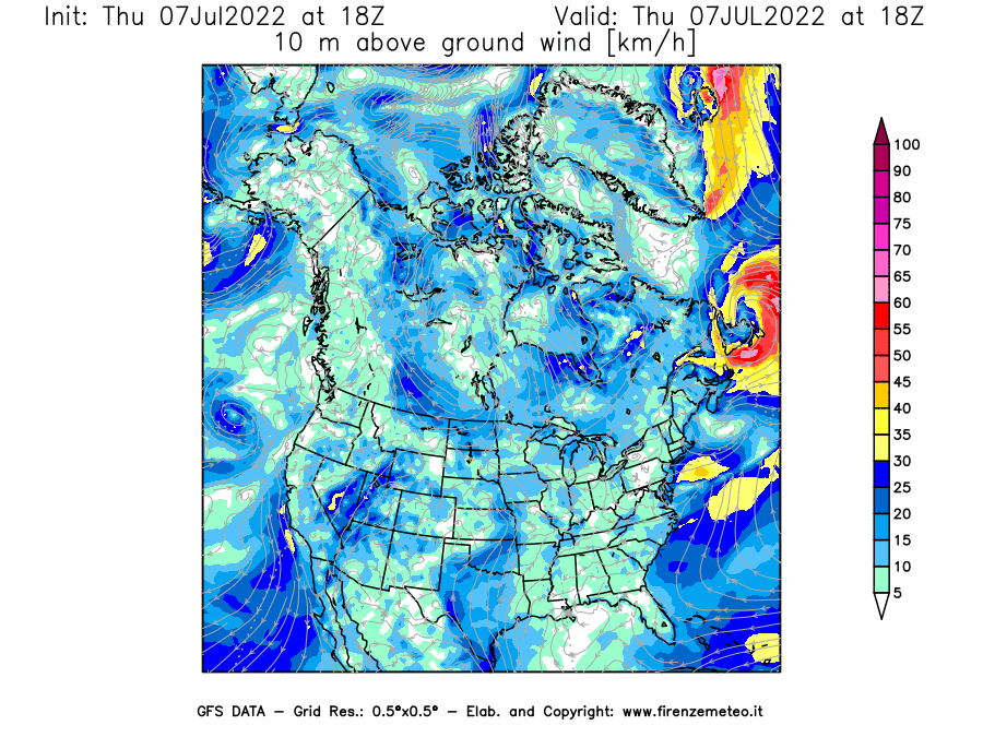 GFS analysi map - Wind Speed at 10 m above ground [km/h] in North America
									on 07/07/2022 18 <!--googleoff: index-->UTC<!--googleon: index-->