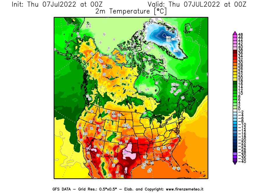 GFS analysi map - Temperature at 2 m above ground [°C] in North America
									on 07/07/2022 00 <!--googleoff: index-->UTC<!--googleon: index-->