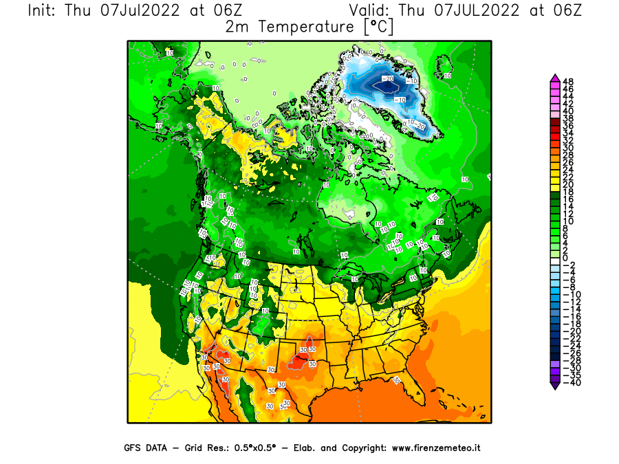 GFS analysi map - Temperature at 2 m above ground [°C] in North America
									on 07/07/2022 06 <!--googleoff: index-->UTC<!--googleon: index-->
