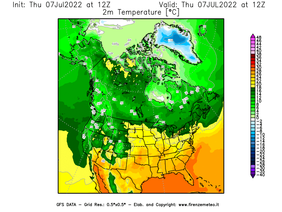GFS analysi map - Temperature at 2 m above ground [°C] in North America
									on 07/07/2022 12 <!--googleoff: index-->UTC<!--googleon: index-->