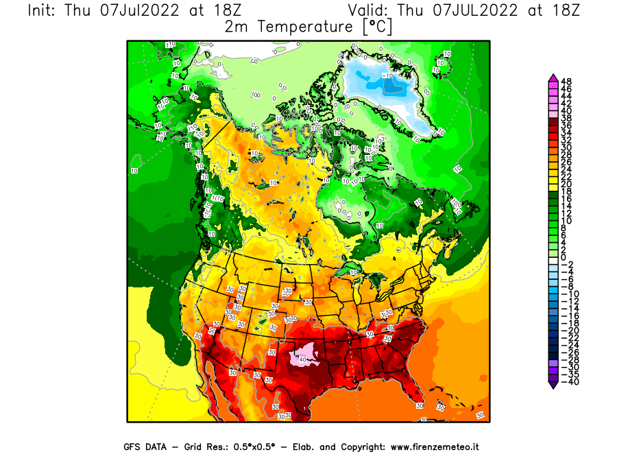 GFS analysi map - Temperature at 2 m above ground [°C] in North America
									on 07/07/2022 18 <!--googleoff: index-->UTC<!--googleon: index-->