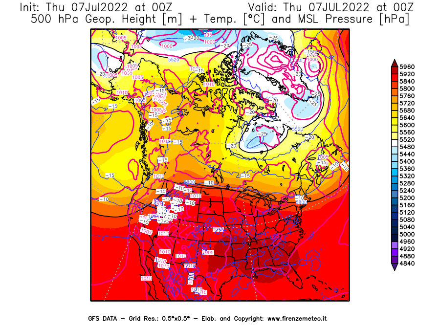 GFS analysi map - Geopotential [m] + Temp. [°C] at 500 hPa + Sea Level Pressure [hPa] in North America
									on 07/07/2022 00 <!--googleoff: index-->UTC<!--googleon: index-->