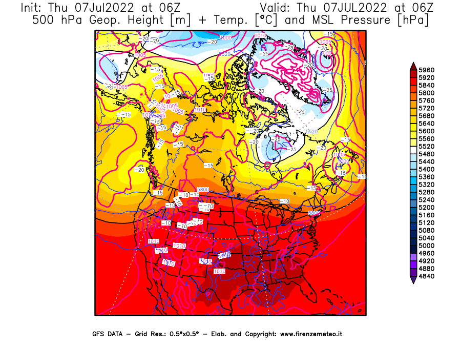 GFS analysi map - Geopotential [m] + Temp. [°C] at 500 hPa + Sea Level Pressure [hPa] in North America
									on 07/07/2022 06 <!--googleoff: index-->UTC<!--googleon: index-->