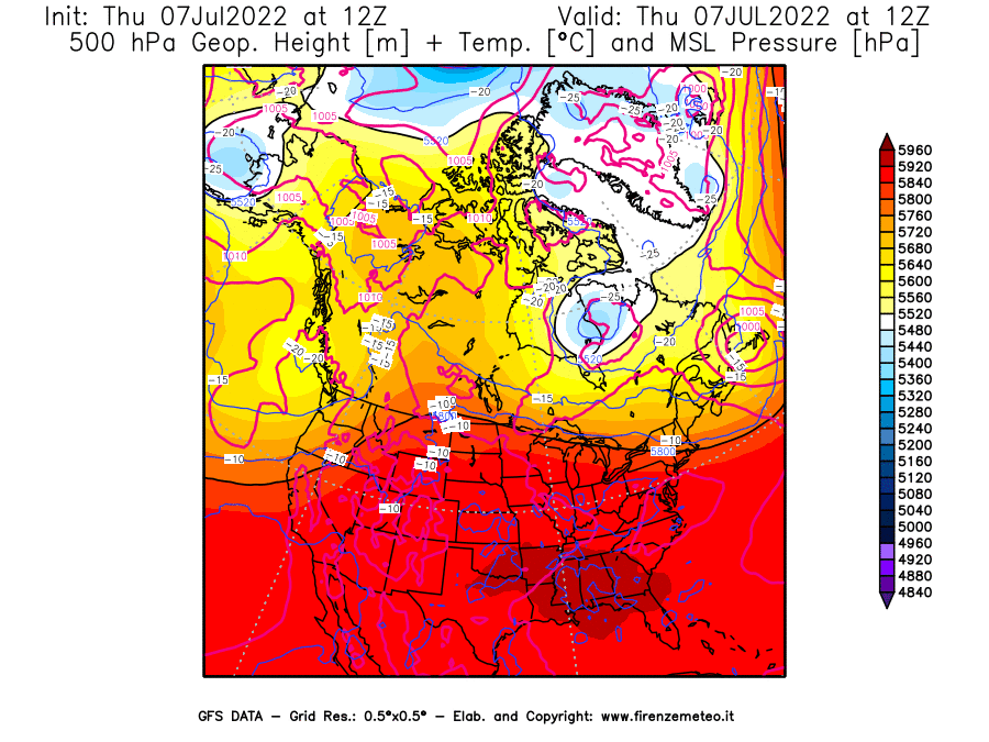 GFS analysi map - Geopotential [m] + Temp. [°C] at 500 hPa + Sea Level Pressure [hPa] in North America
									on 07/07/2022 12 <!--googleoff: index-->UTC<!--googleon: index-->