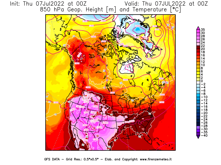 GFS analysi map - Geopotential [m] and Temperature [°C] at 850 hPa in North America
									on 07/07/2022 00 <!--googleoff: index-->UTC<!--googleon: index-->