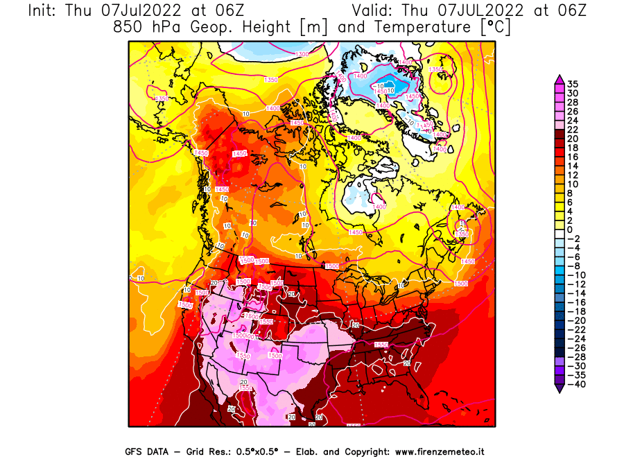 GFS analysi map - Geopotential [m] and Temperature [°C] at 850 hPa in North America
									on 07/07/2022 06 <!--googleoff: index-->UTC<!--googleon: index-->