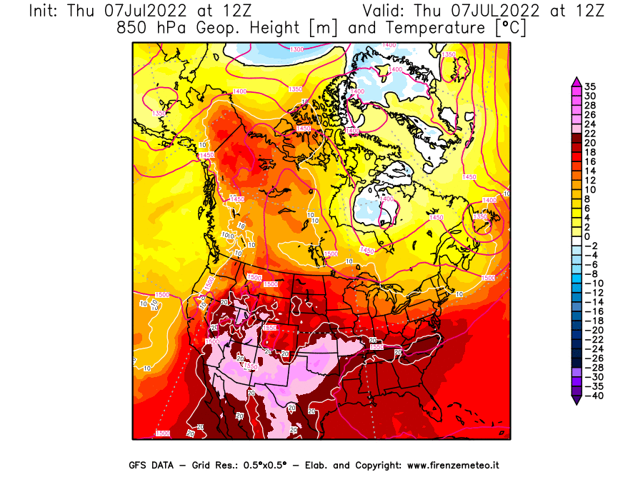 GFS analysi map - Geopotential [m] and Temperature [°C] at 850 hPa in North America
									on 07/07/2022 12 <!--googleoff: index-->UTC<!--googleon: index-->