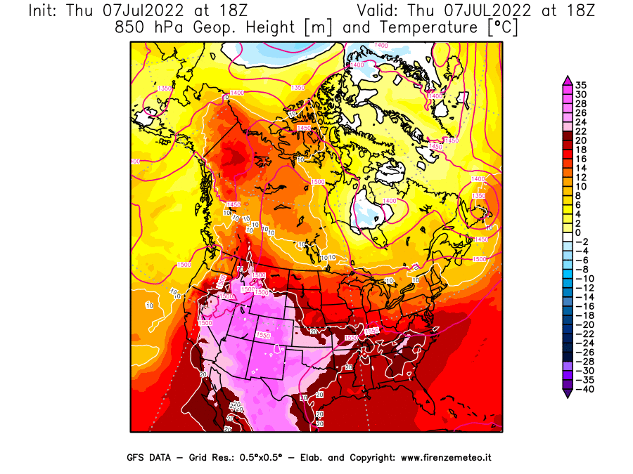 GFS analysi map - Geopotential [m] and Temperature [°C] at 850 hPa in North America
									on 07/07/2022 18 <!--googleoff: index-->UTC<!--googleon: index-->