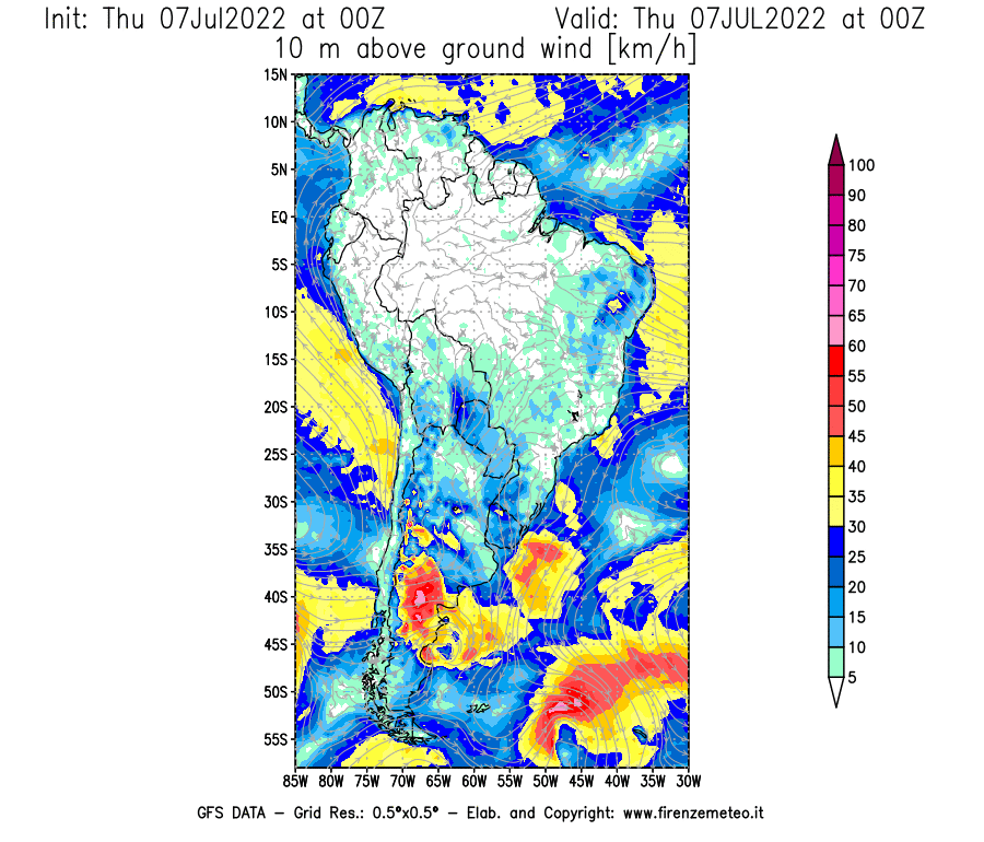 GFS analysi map - Wind Speed at 10 m above ground [km/h] in South America
									on 07/07/2022 00 <!--googleoff: index-->UTC<!--googleon: index-->