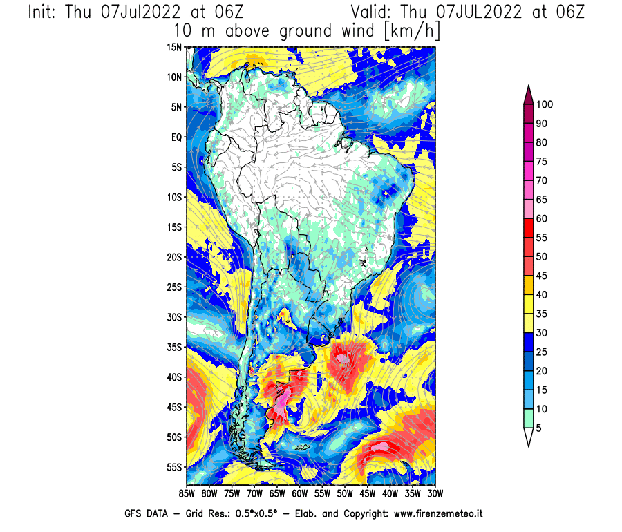 GFS analysi map - Wind Speed at 10 m above ground [km/h] in South America
									on 07/07/2022 06 <!--googleoff: index-->UTC<!--googleon: index-->
