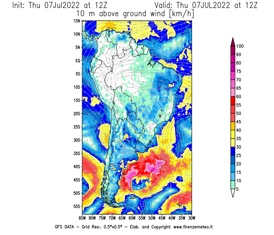 GFS analysi map - Wind Speed at 10 m above ground [km/h] in South America
									on 07/07/2022 12 <!--googleoff: index-->UTC<!--googleon: index-->