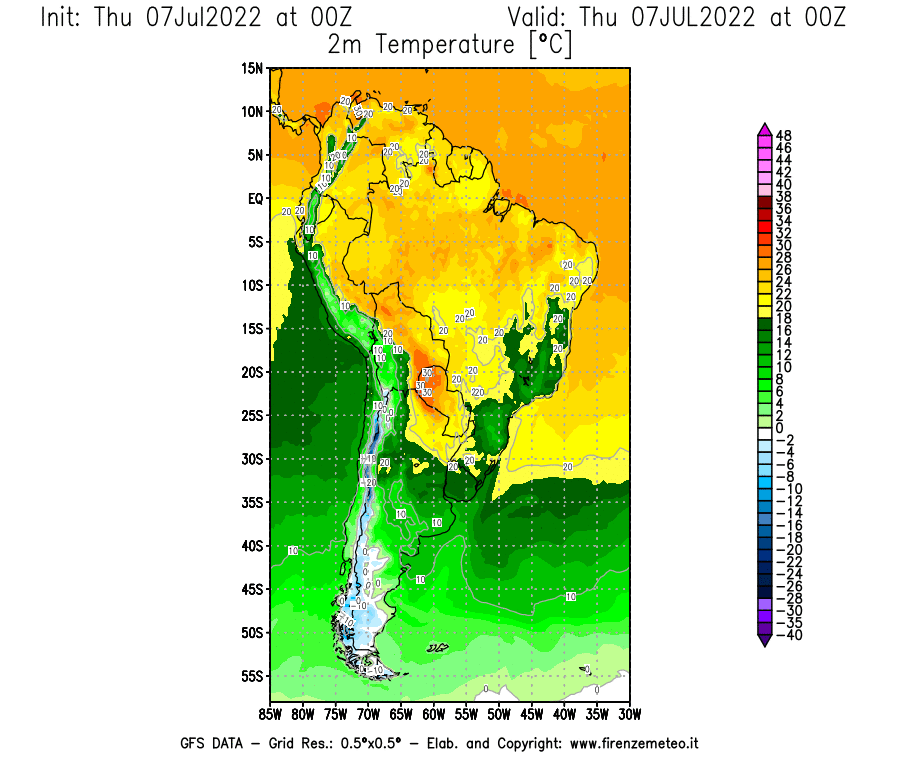GFS analysi map - Temperature at 2 m above ground [°C] in South America
									on 07/07/2022 00 <!--googleoff: index-->UTC<!--googleon: index-->