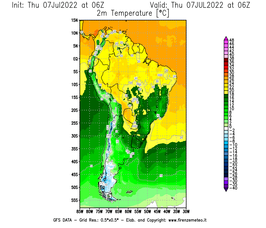 GFS analysi map - Temperature at 2 m above ground [°C] in South America
									on 07/07/2022 06 <!--googleoff: index-->UTC<!--googleon: index-->
