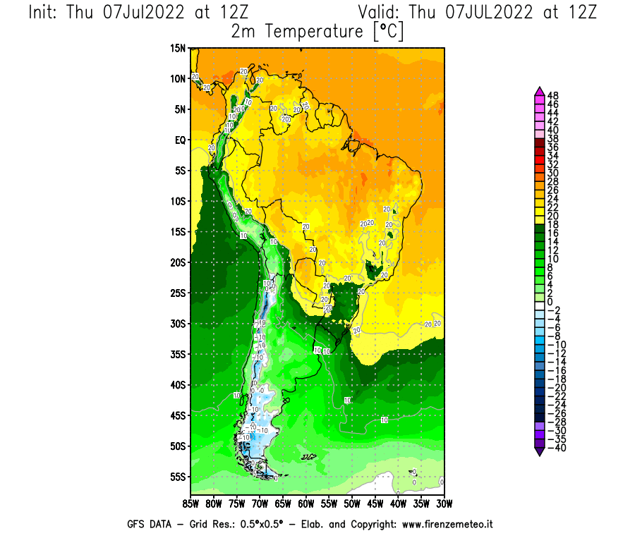 GFS analysi map - Temperature at 2 m above ground [°C] in South America
									on 07/07/2022 12 <!--googleoff: index-->UTC<!--googleon: index-->