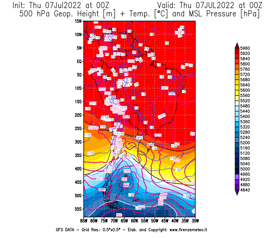 GFS analysi map - Geopotential [m] + Temp. [°C] at 500 hPa + Sea Level Pressure [hPa] in South America
									on 07/07/2022 00 <!--googleoff: index-->UTC<!--googleon: index-->