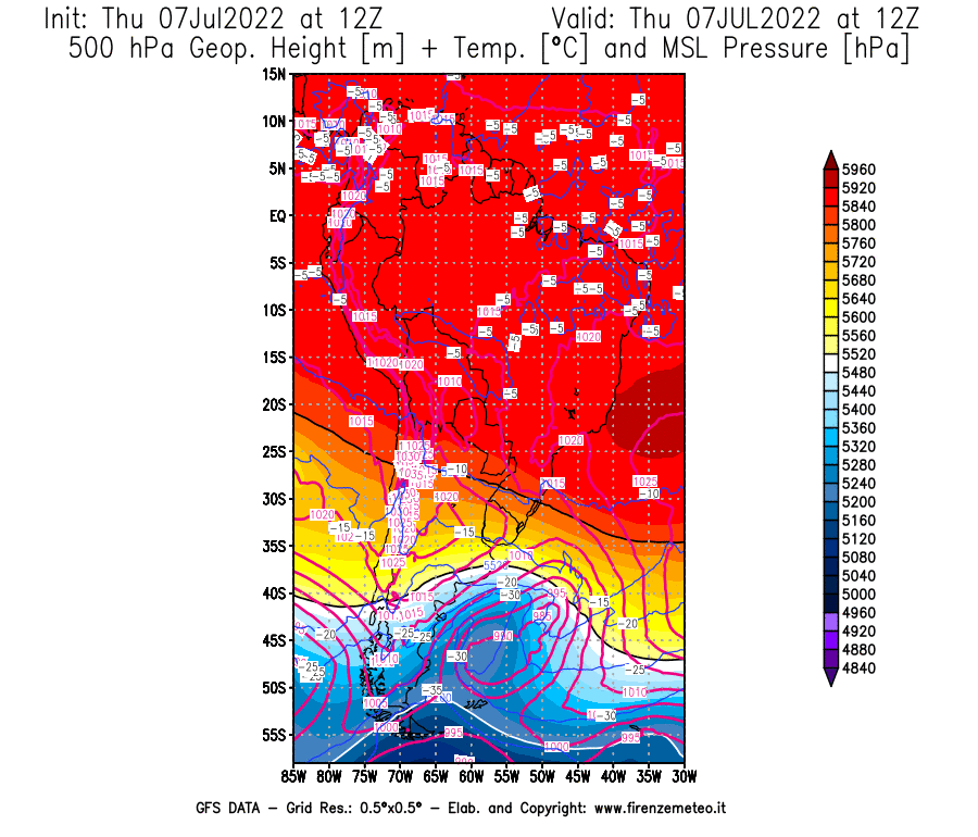 GFS analysi map - Geopotential [m] + Temp. [°C] at 500 hPa + Sea Level Pressure [hPa] in South America
									on 07/07/2022 12 <!--googleoff: index-->UTC<!--googleon: index-->