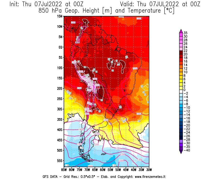GFS analysi map - Geopotential [m] and Temperature [°C] at 850 hPa in South America
									on 07/07/2022 00 <!--googleoff: index-->UTC<!--googleon: index-->