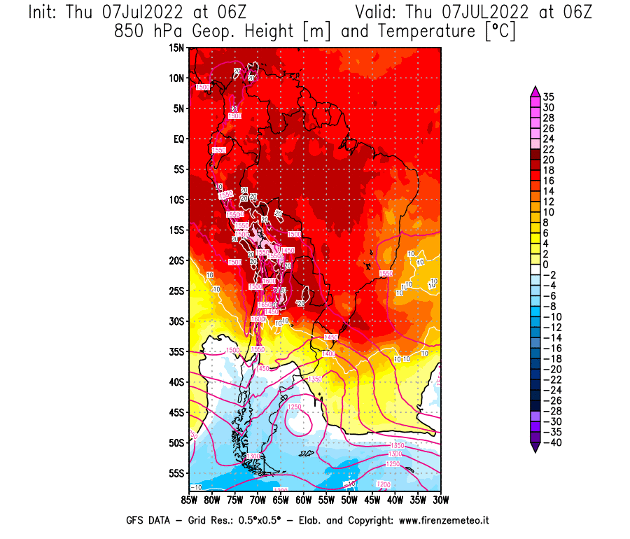 GFS analysi map - Geopotential [m] and Temperature [°C] at 850 hPa in South America
									on 07/07/2022 06 <!--googleoff: index-->UTC<!--googleon: index-->