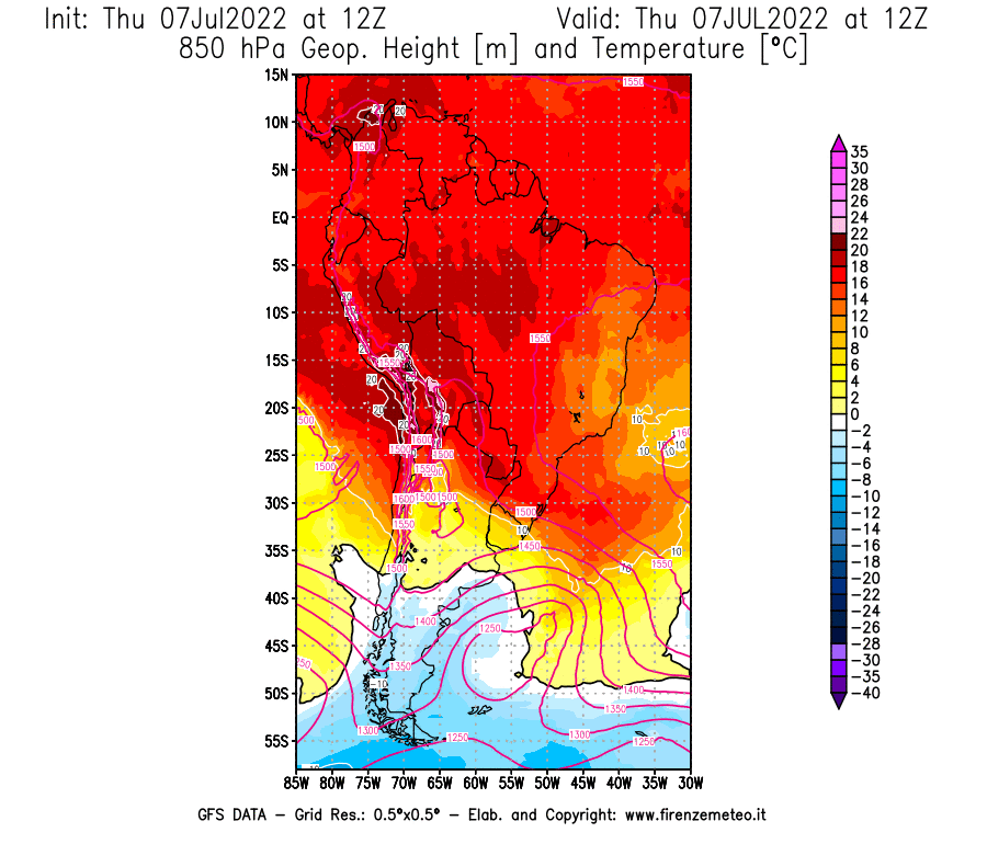 GFS analysi map - Geopotential [m] and Temperature [°C] at 850 hPa in South America
									on 07/07/2022 12 <!--googleoff: index-->UTC<!--googleon: index-->