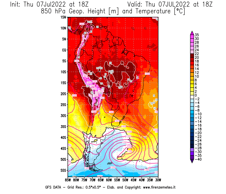GFS analysi map - Geopotential [m] and Temperature [°C] at 850 hPa in South America
									on 07/07/2022 18 <!--googleoff: index-->UTC<!--googleon: index-->