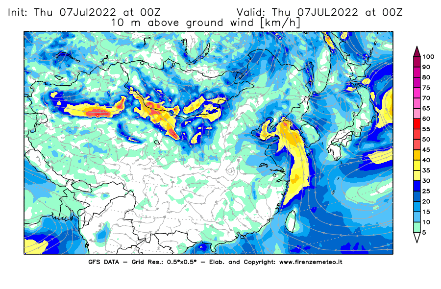 GFS analysi map - Wind Speed at 10 m above ground [km/h] in East Asia
									on 07/07/2022 00 <!--googleoff: index-->UTC<!--googleon: index-->