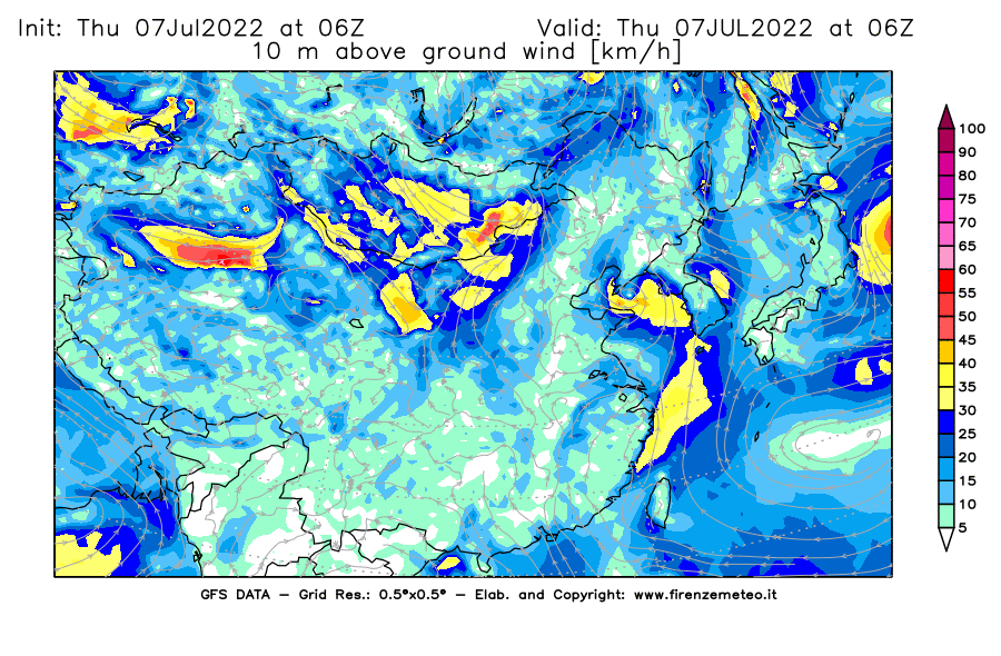 GFS analysi map - Wind Speed at 10 m above ground [km/h] in East Asia
									on 07/07/2022 06 <!--googleoff: index-->UTC<!--googleon: index-->