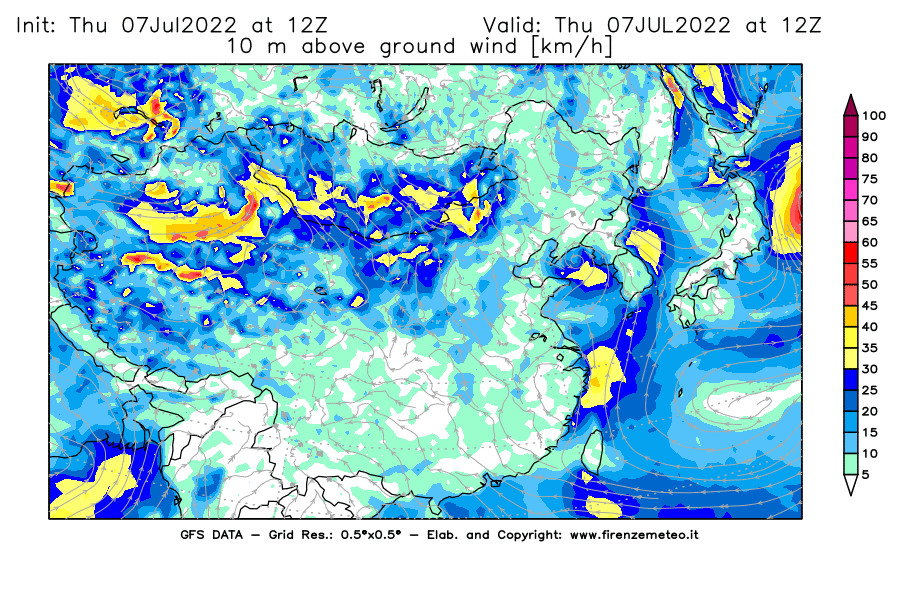 GFS analysi map - Wind Speed at 10 m above ground [km/h] in East Asia
									on 07/07/2022 12 <!--googleoff: index-->UTC<!--googleon: index-->