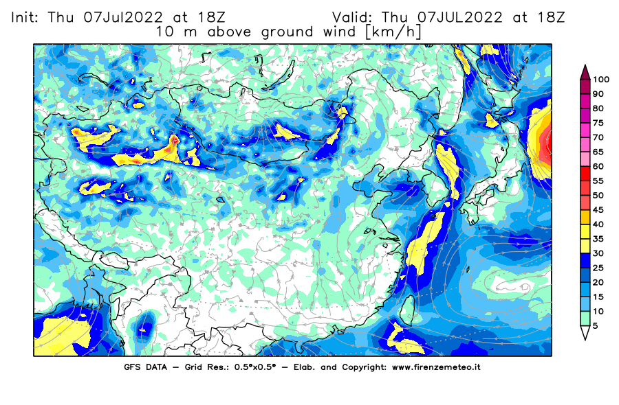 GFS analysi map - Wind Speed at 10 m above ground [km/h] in East Asia
									on 07/07/2022 18 <!--googleoff: index-->UTC<!--googleon: index-->