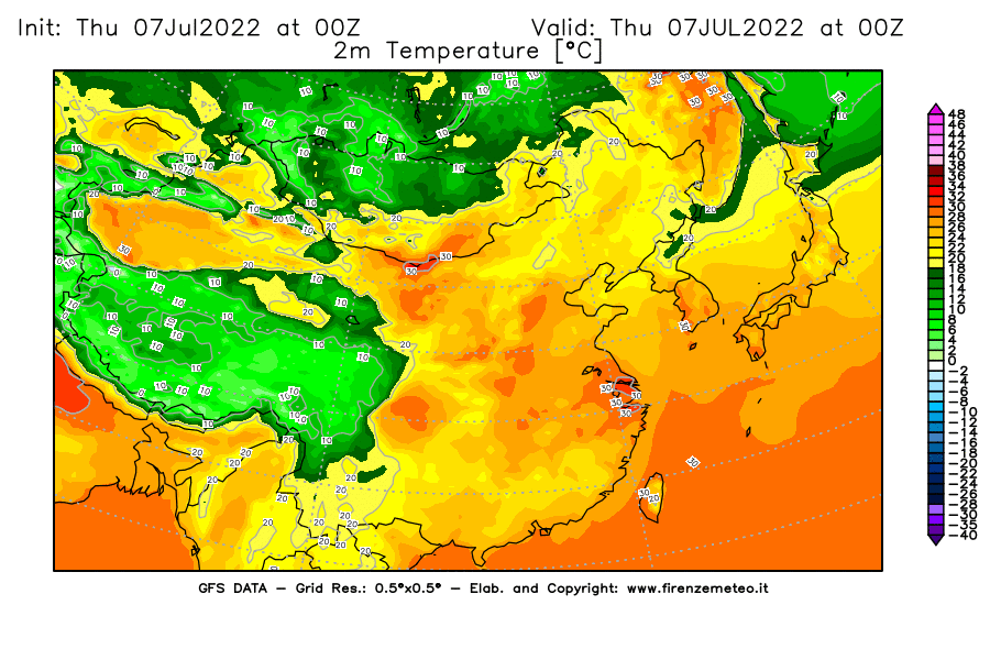 GFS analysi map - Temperature at 2 m above ground [°C] in East Asia
									on 07/07/2022 00 <!--googleoff: index-->UTC<!--googleon: index-->