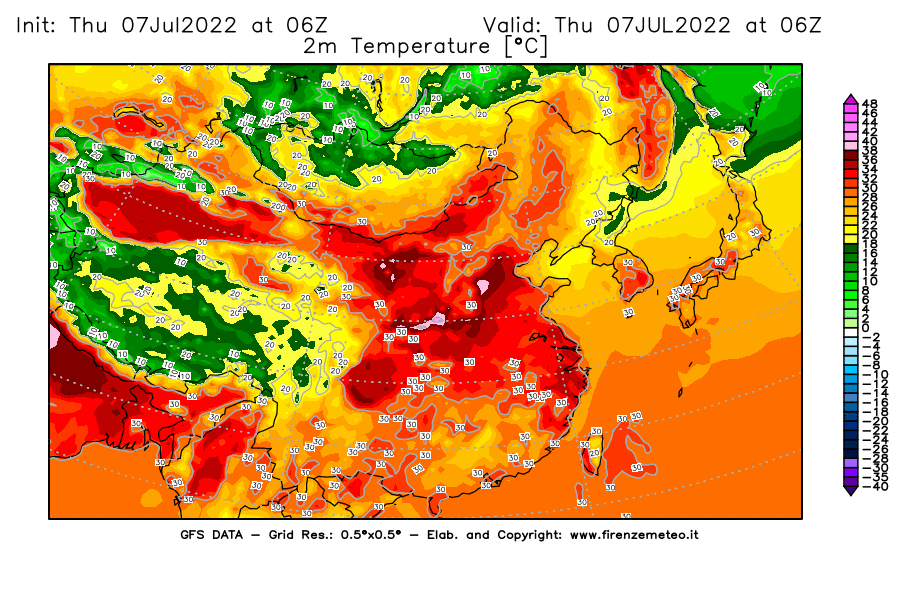 GFS analysi map - Temperature at 2 m above ground [°C] in East Asia
									on 07/07/2022 06 <!--googleoff: index-->UTC<!--googleon: index-->