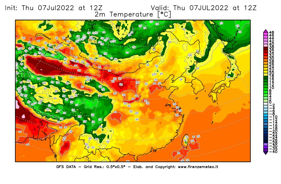 GFS analysi map - Temperature at 2 m above ground [°C] in East Asia
									on 07/07/2022 12 <!--googleoff: index-->UTC<!--googleon: index-->