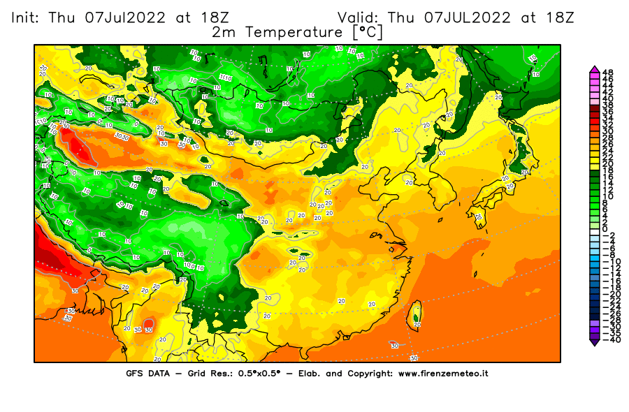 GFS analysi map - Temperature at 2 m above ground [°C] in East Asia
									on 07/07/2022 18 <!--googleoff: index-->UTC<!--googleon: index-->