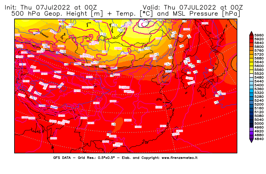 GFS analysi map - Geopotential [m] + Temp. [°C] at 500 hPa + Sea Level Pressure [hPa] in East Asia
									on 07/07/2022 00 <!--googleoff: index-->UTC<!--googleon: index-->