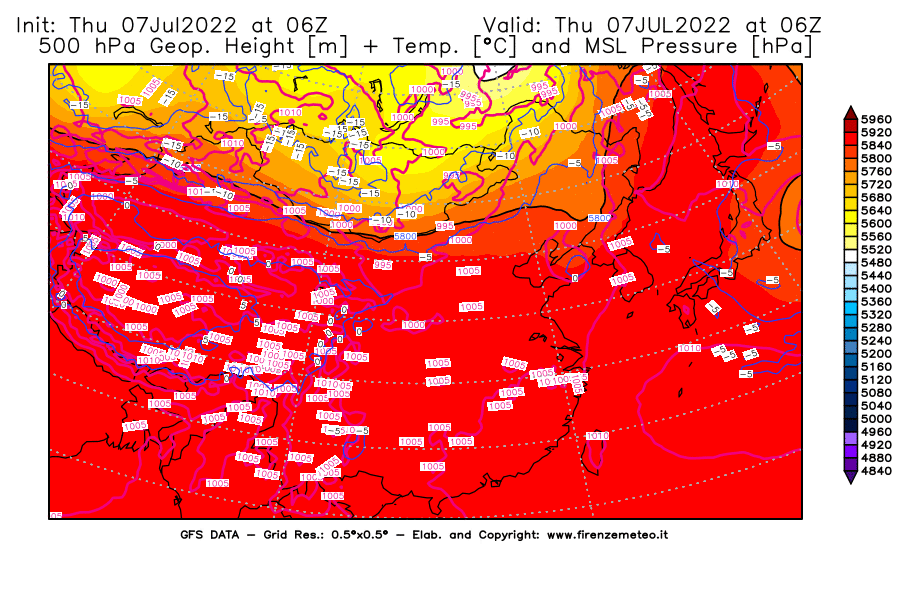 GFS analysi map - Geopotential [m] + Temp. [°C] at 500 hPa + Sea Level Pressure [hPa] in East Asia
									on 07/07/2022 06 <!--googleoff: index-->UTC<!--googleon: index-->
