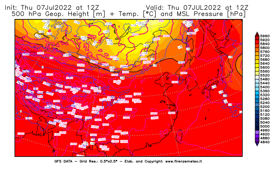 GFS analysi map - Geopotential [m] + Temp. [°C] at 500 hPa + Sea Level Pressure [hPa] in East Asia
									on 07/07/2022 12 <!--googleoff: index-->UTC<!--googleon: index-->