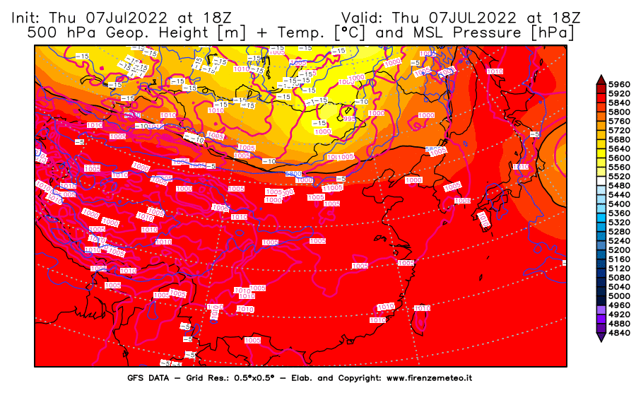 GFS analysi map - Geopotential [m] + Temp. [°C] at 500 hPa + Sea Level Pressure [hPa] in East Asia
									on 07/07/2022 18 <!--googleoff: index-->UTC<!--googleon: index-->