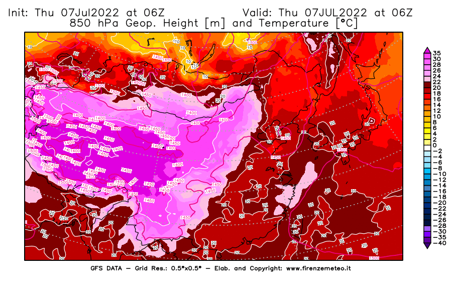 GFS analysi map - Geopotential [m] and Temperature [°C] at 850 hPa in East Asia
									on 07/07/2022 06 <!--googleoff: index-->UTC<!--googleon: index-->