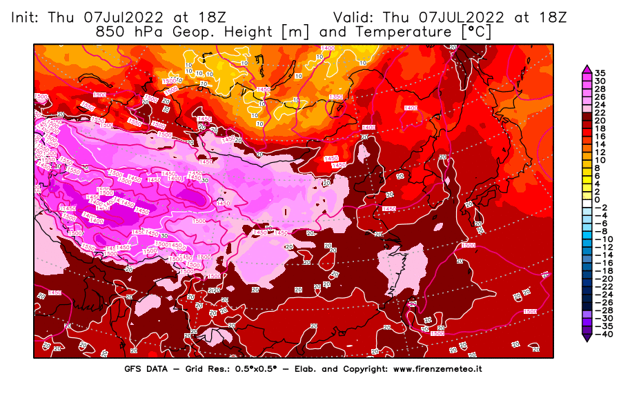 GFS analysi map - Geopotential [m] and Temperature [°C] at 850 hPa in East Asia
									on 07/07/2022 18 <!--googleoff: index-->UTC<!--googleon: index-->