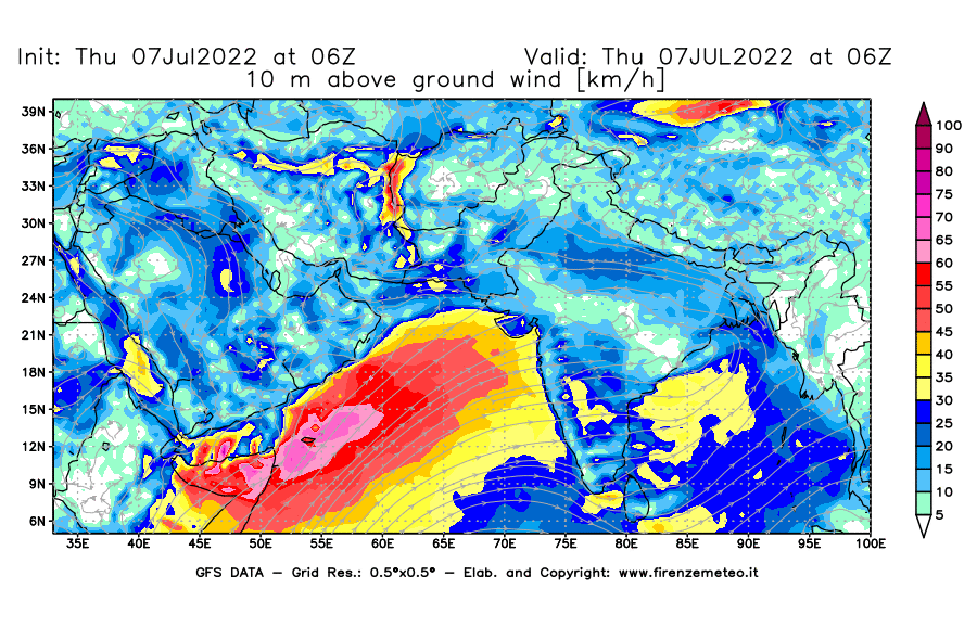 GFS analysi map - Wind Speed at 10 m above ground [km/h] in South West Asia 
									on 07/07/2022 06 <!--googleoff: index-->UTC<!--googleon: index-->