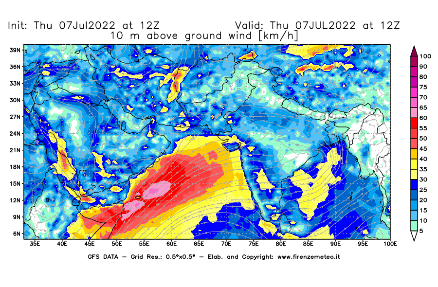 GFS analysi map - Wind Speed at 10 m above ground [km/h] in South West Asia 
									on 07/07/2022 12 <!--googleoff: index-->UTC<!--googleon: index-->