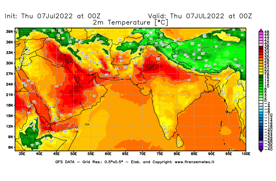 GFS analysi map - Temperature at 2 m above ground [°C] in South West Asia 
									on 07/07/2022 00 <!--googleoff: index-->UTC<!--googleon: index-->