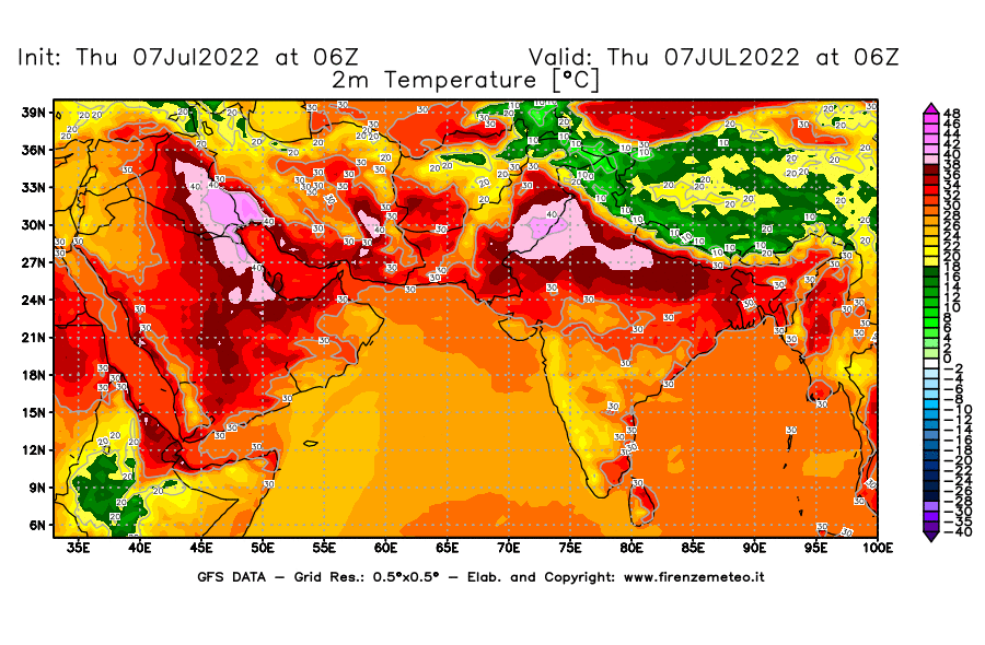 GFS analysi map - Temperature at 2 m above ground [°C] in South West Asia 
									on 07/07/2022 06 <!--googleoff: index-->UTC<!--googleon: index-->