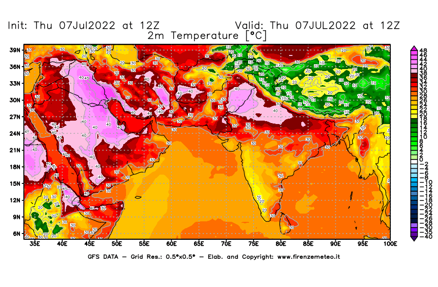 GFS analysi map - Temperature at 2 m above ground [°C] in South West Asia 
									on 07/07/2022 12 <!--googleoff: index-->UTC<!--googleon: index-->