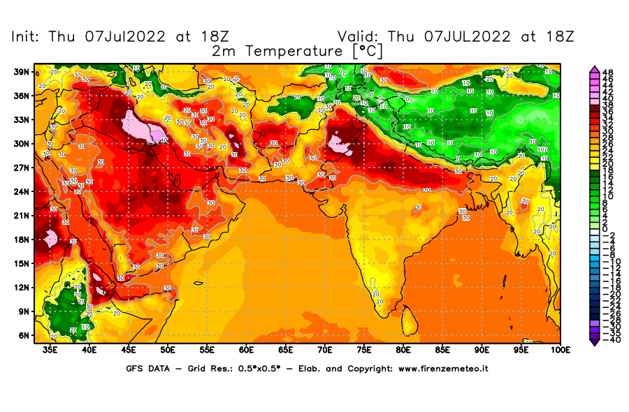 GFS analysi map - Temperature at 2 m above ground [°C] in South West Asia 
									on 07/07/2022 18 <!--googleoff: index-->UTC<!--googleon: index-->